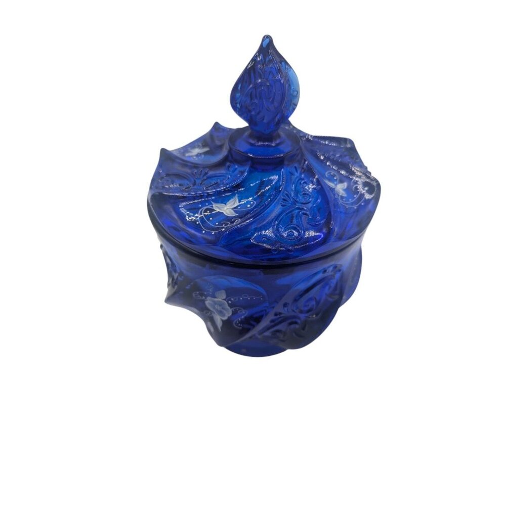 Fenton Glass HP Artist Signed Cobalt Blue Paisley Swirl Candy Jar & Lid - Picture 13 of 16